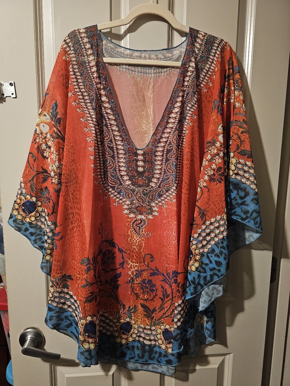 Orange Floral V-Neck Poncho Top/cover Up with Blue Accents